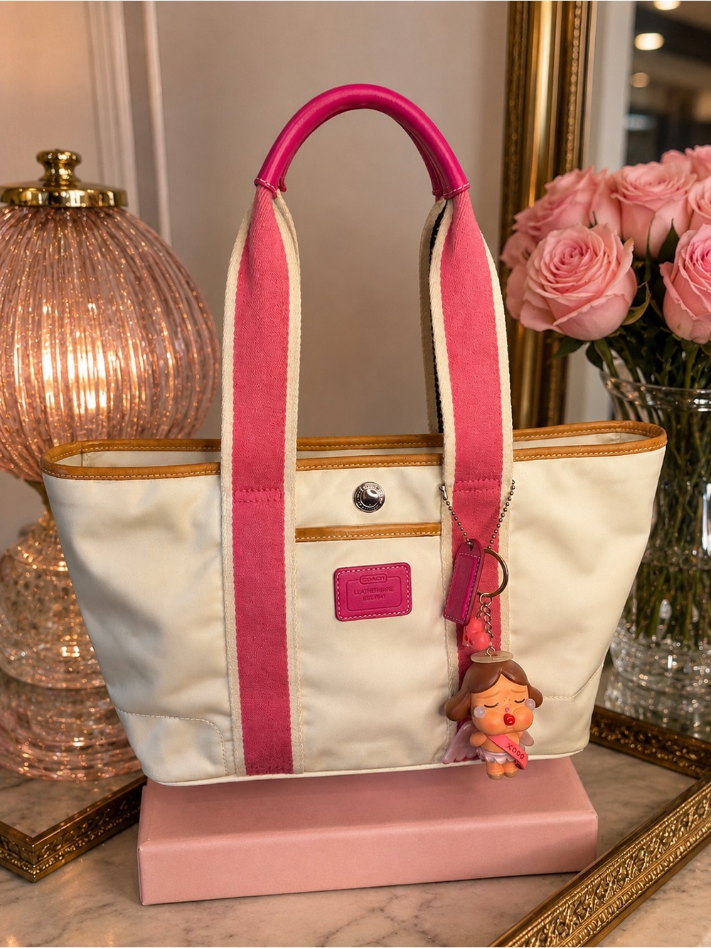 Vintage Coach Hampton Tote Canvas Tote Style 1894 + Pop Mart Crybaby Pink Cutie